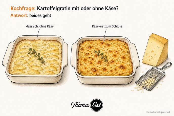 Zwei Auflaufformen Kartoffelgratin, eine hell ohne Käse, eine mit goldbraun überbackenem Käse, als Illustration
