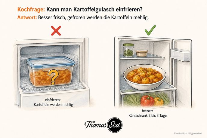 Kann man Kartoffelgulasch einfrieren: links eine Vorratsdose im Gefrierfach mit Fragezeichen und Hinweis Kartoffeln werden mehlig, rechts ein Kühlschrank mit einer Schale Kartoffelgulasch und grünem Haken
