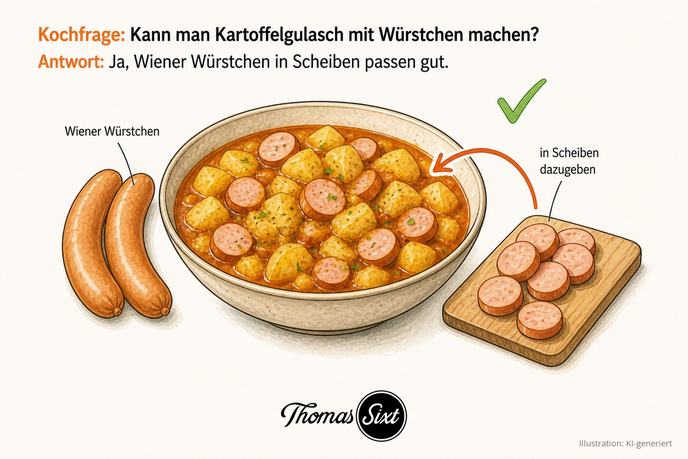Kann man Kartoffelgulasch mit Würstchen machen: eine Schale Kartoffelgulasch, daneben Wiener Würstchen und ein Brettchen mit in Scheiben geschnittenen Würstchen