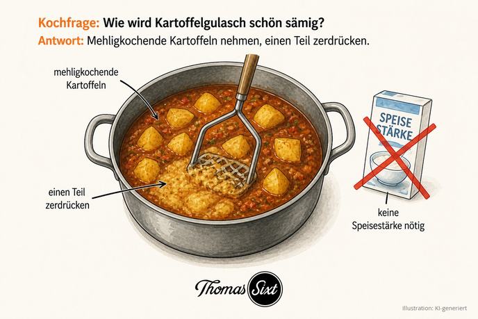 Wie wird Kartoffelgulasch schön sämig: ein Topf Kartoffelgulasch, in dem ein Kartoffelstampfer einen Teil der Kartoffeln zerdrückt, daneben eine durchgestrichene Packung Speisestärke
