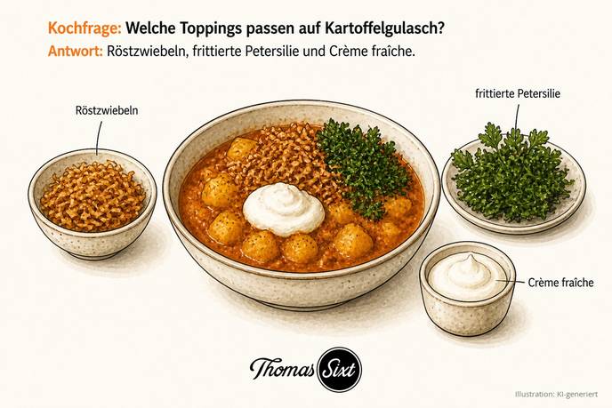 Welche Toppings passen auf Kartoffelgulasch: eine Schale Kartoffelgulasch, drumherum Röstzwiebeln, frittierte Petersilie und Crème fraîche