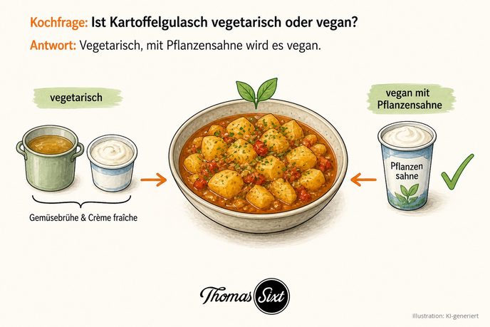Ist Kartoffelgulasch vegetarisch oder vegan: eine Schale Kartoffelgulasch mit grünem Blatt-Symbol, links Gemüsebrühe und Crème fraîche für vegetarisch, rechts Pflanzensahne für vegan