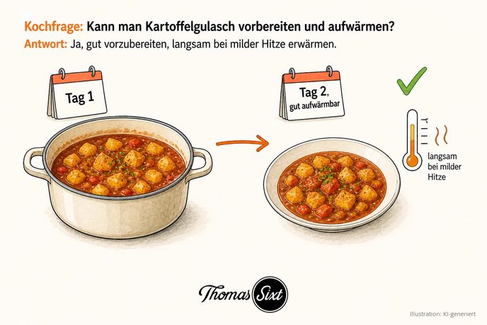 Kann man Kartoffelgulasch vorbereiten und aufwärmen: links ein Topf mit Kalenderblatt Tag 1, rechts ein Teller mit Kalenderblatt Tag 2 und grünem Haken, Hinweis langsam bei milder Hitze erwärmen