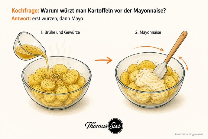 Zwei Schritte nebeneinander: links warme Kartoffelscheiben, über die Brühe gegossen und gewürzt wird, rechts dieselbe Schüssel, in die Mayonnaise untergehoben wird, als Illustration