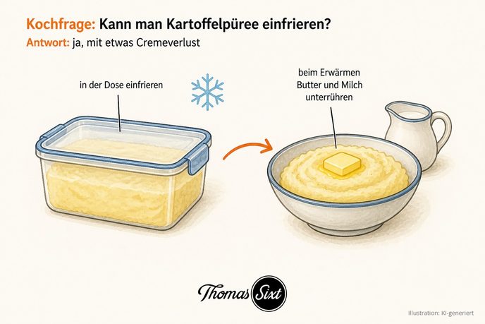 Gefrierdose mit Kartoffelpüree, Schneeflocken-Symbol, Butter und Milchkännchen als Illustration
