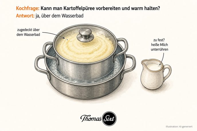 Zugedeckter Topf mit Püree über einem Wasserbad neben einem Milchkännchen als Illustration