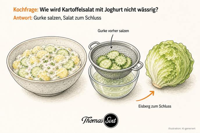 Eine Schüssel Kartoffelsalat mit Joghurt, daneben ein Sieb mit gesalzener Gurke über einer Schale mit Wasser und ein Kopf Eisbergsalat mit Pfeil „zum Schluss“, als Illustration