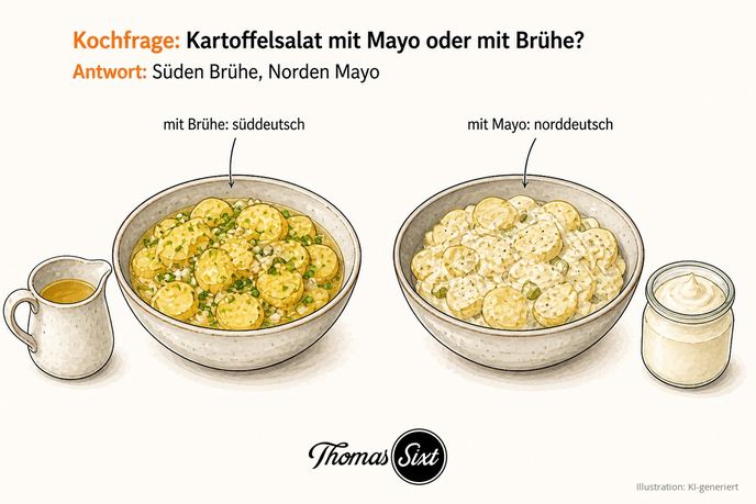 Zwei Schüsseln Kartoffelsalat, links glänzend mit Brühe und Schnittlauch, rechts cremig mit Mayonnaise, als Illustration