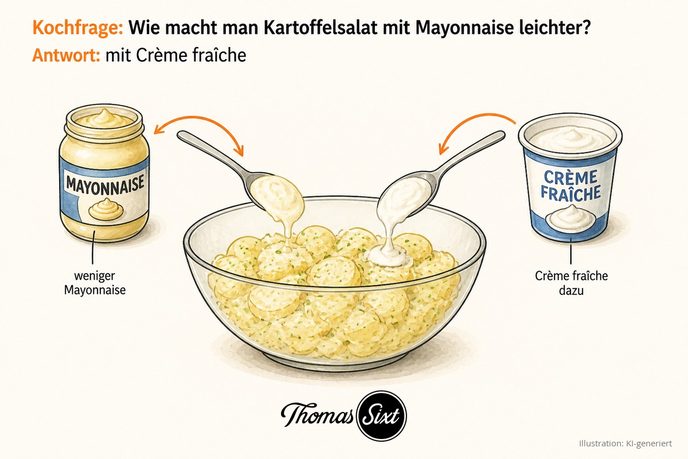 Ein Glas Mayonnaise und ein Becher Crème fraîche, zwei Löffel geben beides in eine Schüssel Kartoffelsalat, als Illustration