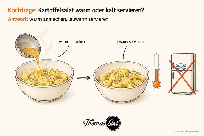 Schüssel lauwarmer Kartoffelsalat mit aufsteigendem Dampf neben einem Thermometer, als Illustration