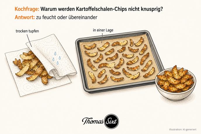 Trocken getupfte Kartoffelschalen in einer Lage auf Backpapier, daneben knusprige Chips, als Illustration