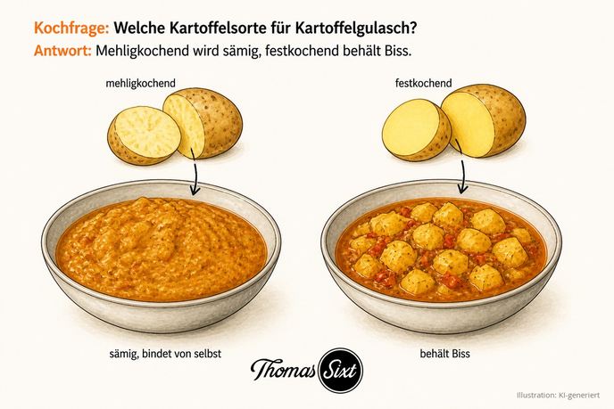 Welche Kartoffelsorte für Kartoffelgulasch: links eine mehligkochende Kartoffel und ein sämiges, gebundenes Kartoffelgulasch, rechts eine festkochende Kartoffel und ein Gulasch mit erkennbaren Kartoffelstücken