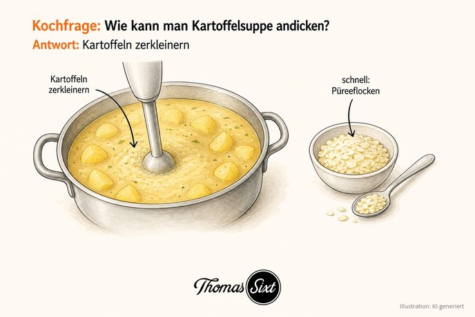 Stabmixer in einem Topf Kartoffelsuppe, daneben ein Schälchen Kartoffelpüreeflocken, als Illustration