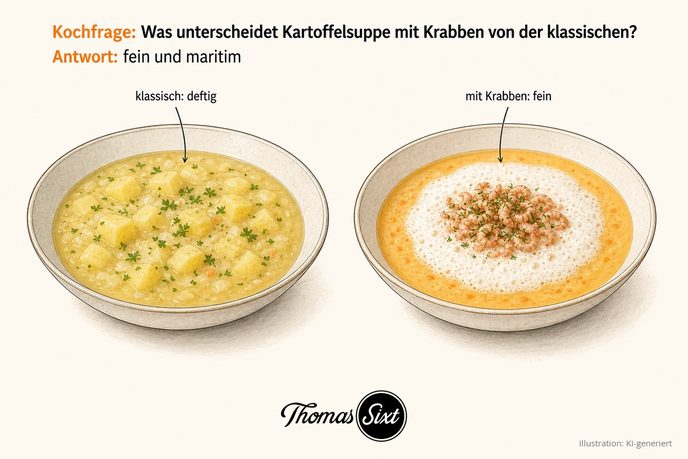 Zwei Teller Kartoffelsuppe: links rustikal mit Würstchen, rechts fein mit Schaum und Krabben, als Illustration