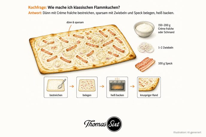 Gezeichnete Illustration: klassischer Flammkuchen, dünner Boden sparsam mit Zwiebelringen und Speckstreifen belegt, daneben Crème fraîche, Zwiebel und Speck