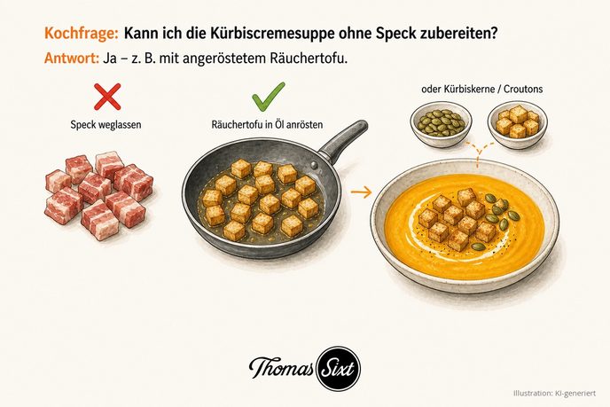 Kann ich die Kürbiscremesuppe ohne Speck zubereiten: links durchgestrichene Speckwürfel, rechts eine Pfanne mit angeröstetem Räuchertofu und ein Teller Kürbissuppe mit Tofuwürfeln