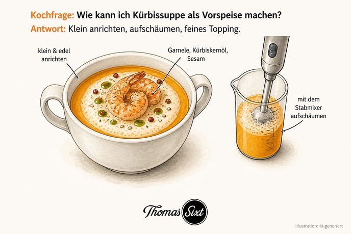 Wie kann ich Kürbissuppe als Vorspeise machen: eine kleine Tasse aufgeschäumte Kürbissuppe mit gebratener Garnele, Kürbiskernöl, Sesam und roten Pfefferkörnern, daneben ein Stabmixer