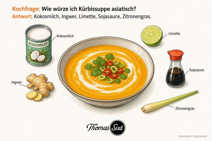 Wie würze ich Kürbissuppe asiatisch: ein Teller Kürbissuppe mit Kokosmilch, Koriander, Chili und Frühlingszwiebeln, drumherum Kokosmilch-Dose, Ingwer, Limette, Sojasauce und Zitronengras