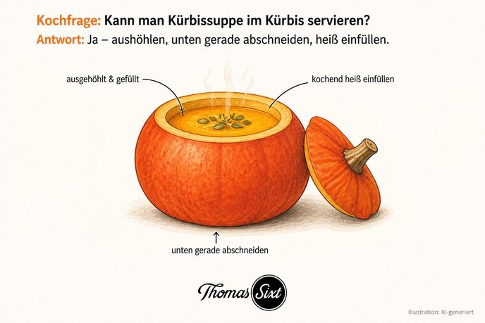 Kann man Kürbissuppe im Kürbis servieren: ein ausgehöhlter Hokkaido gefüllt mit dampfender Kürbissuppe, der Deckel liegt daneben, unten gerade abgeschnitten