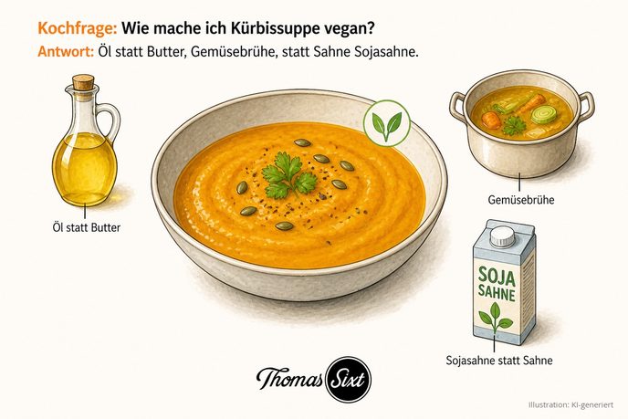 Wie mache ich Kürbissuppe vegan: ein Teller Kürbissuppe mit veganem Blatt-Symbol, daneben ein Ölfläschchen, ein Topf Gemüsebrühe und ein Sojasahne-Kärtchen
