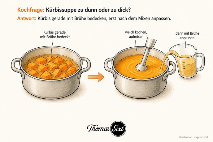 Kürbissuppe zu dünn oder zu dick: Topf mit rohen Kürbisstücken gerade mit Brühe bedeckt, daneben die cremig aufgemixte Suppe mit Stabmixer und ein Messbecher Brühe zum Anpassen