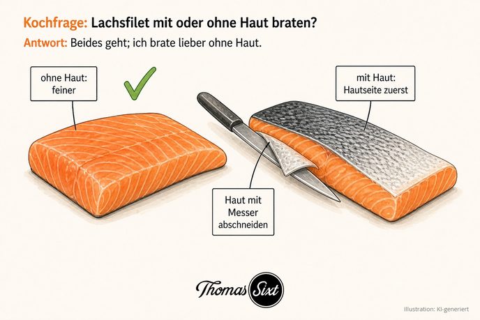 Lachsfilet mit oder ohne Haut braten: links ein Lachsfilet ohne Haut, rechts ein Lachsfilet mit Haut, ein scharfes Messer zieht die Haut ab