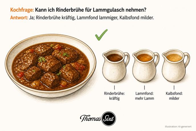 Kann ich Rinderbrühe für Lammgulasch nehmen: eine Schale dunkles Lammgulasch, daneben drei Kännchen Rinderbrühe kräftig, Lammfond mehr Lamm und Kalbsfond milder