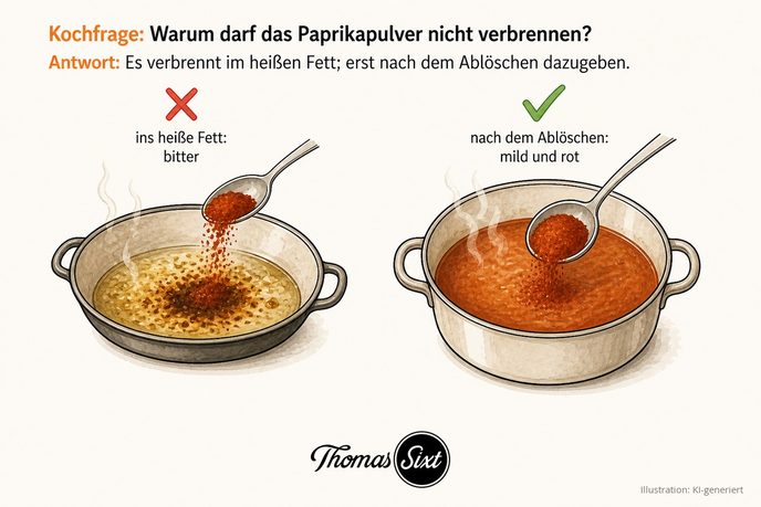 Warum darf das Paprikapulver nicht verbrennen: links Paprika in heißem Fett wird bitter, rechts Paprika nach dem Ablöschen mit Brühe bleibt mild und rot