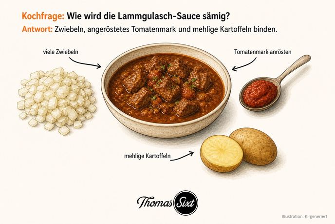 Wie wird die Lammgulasch-Sauce sämig: eine Schale Lammgulasch mit dunkler sämiger Sauce, daneben gewürfelte Zwiebeln, Tomatenmark und eine mehlige Kartoffel