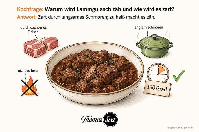 Warum wird Lammgulasch zäh und wie wird es zart: eine Schale mit butterweichem dunklem Lammgulasch, Hinweise langsam schmoren bei 190 Grad und durchwachsenes Fleisch