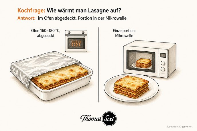 Lasagne in der Auflaufform mit Alufolie abgedeckt und eine Portion in der Mikrowelle als Illustration zum Aufwärmen