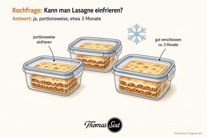 Drei verschlossene Gefrierdosen mit Lasagne-Stücken und ein Schneeflocken-Symbol als Illustration zum Einfrieren