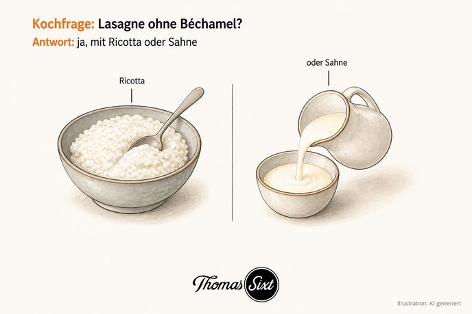 Schale mit Ricotta und ein Krug mit Sahne als cremige Alternativen zu Béchamel in der Lasagne, Illustration