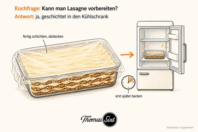Fertig geschichtete rohe Lasagne mit Folie abgedeckt neben einem Kühlschrank als Illustration zum Vorbereiten