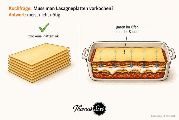 Stapel trockener Lasagneplatten und eine Auflaufform, in der die Platten in Sauce garen, als Illustration