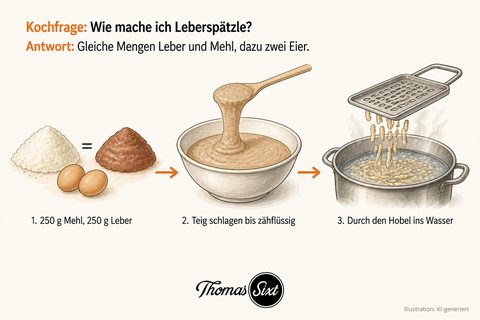 Drei Schritte: gleich große Häufchen Mehl und Lebermus mit Gleichheitszeichen und zwei Eiern, Schüssel mit zähflüssigem hellbraunem Teig am Kochlöffel, Spätzlehobel über einem Topf mit Wasser