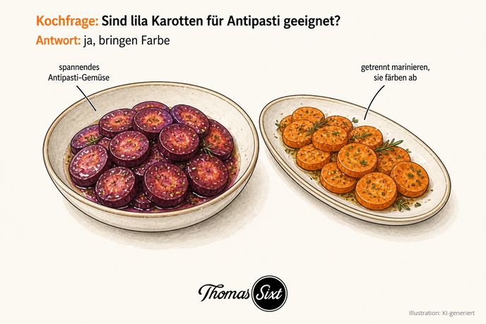 Schale mit marinierten lila Karottenscheiben und getrennt angerichtete orange Karotten als Illustration