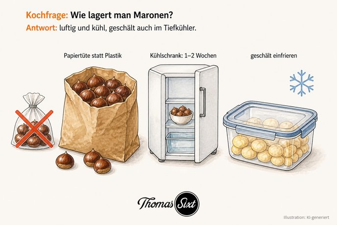 Maronen in der Papiertüte statt Plastiktüte, Kühlschrank und Gefrierdose mit geschälten Maronen als Illustration zur Lagerung