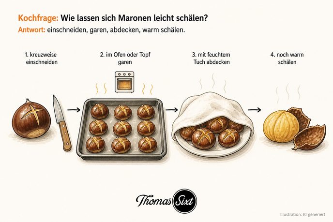 Vier Schritte zum Maronenschälen: Kreuzschnitt mit Messer, Maronen auf dem Backblech garen, unter feuchtem Tuch ruhen lassen, warm schälen, Illustration