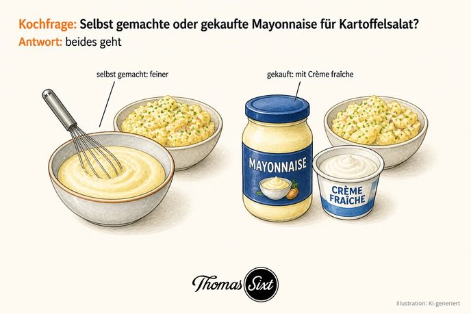 Links eine Schüssel mit selbst gerührter Mayonnaise und einem Schneebesen, rechts ein gekauftes Glas Mayonnaise neben einem Becher Crème fraîche, als Illustration