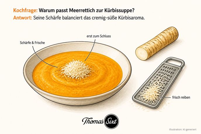 Warum passt Meerrettich zur Kürbissuppe: ein Teller cremige Kürbissuppe mit frisch geriebenem Meerrettich, daneben eine Meerrettichwurzel und eine Reibe