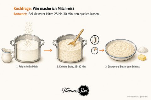 Drei Schritte: Topf mit weißer Milch in die Reiskörner einrieseln neben einem Milchkännchen, Topf mit sämigem Milchreis und Kochlöffel neben Herdregler und Uhr, Schale mit cremigem Milchreis neben Zucker und Butterwürfel