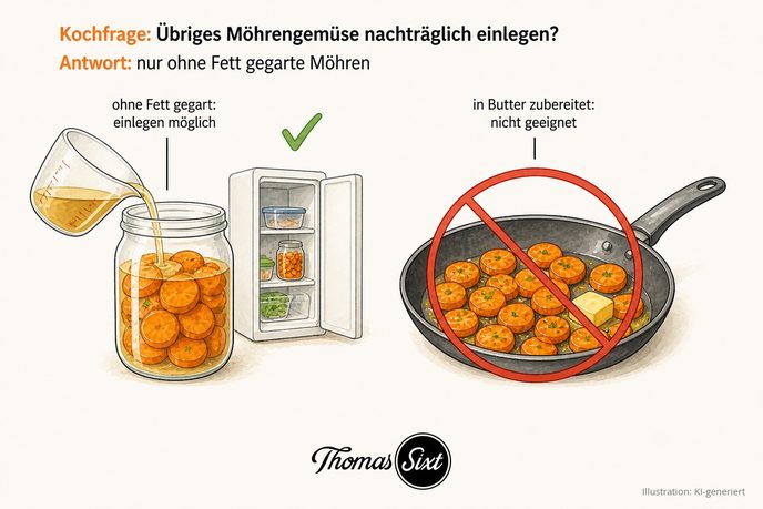 Glas mit ohne Fett gegarten Karotten in Essigmarinade und durchgestrichene Pfanne mit Butter-Möhren als Illustration