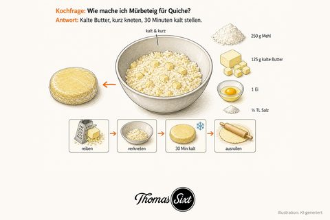 Gezeichnete Illustration: Mürbeteig für Quiche, bröseliges Mehl-Butter-Gemisch in einer Schüssel neben Mehl, kalter Butter, Ei und Salz