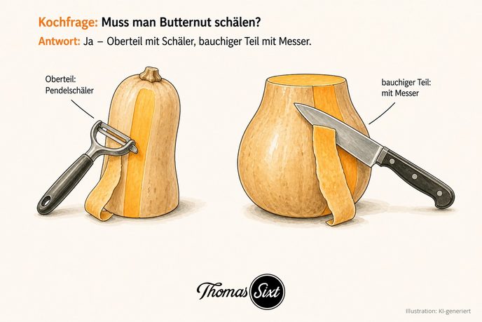 Muss man Butternut schälen: der walzenförmige Oberteil wird mit dem Pendelschäler geschält, der bauchige Unterteil steht gerade und wird mit dem Messer geschält