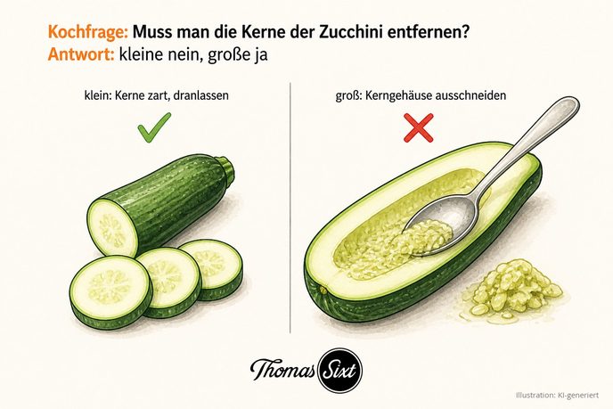 Kleine Zucchini mit zarten Kernen und große Zucchini, deren Kerngehäuse mit einem Löffel ausgeschabt wird, als Illustration
