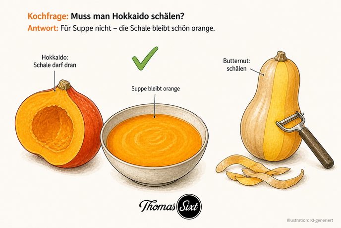 Muss man Hokkaido schälen: halbierter Hokkaido mit oranger Schale und ein Teller orange Kürbissuppe, daneben ein Butternut mit Sparschäler
