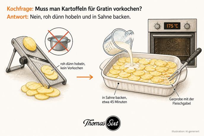 Grafik Muss man Kartoffeln für Gratin vorkochen, ein Küchenhobel mit rohen Kartoffelscheiben, ein durchgestrichener Kochtopf, eine Auflaufform mit rohen Scheiben und Sahne vor einem Backofen mit 175 Grad und eine Fleischgabel zur Garprobe