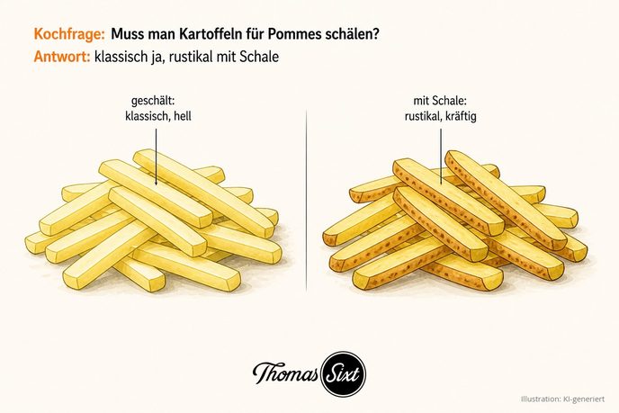 Geschälte helle Kartoffelstifte im Vergleich zu Stiften mit Schale als Illustration