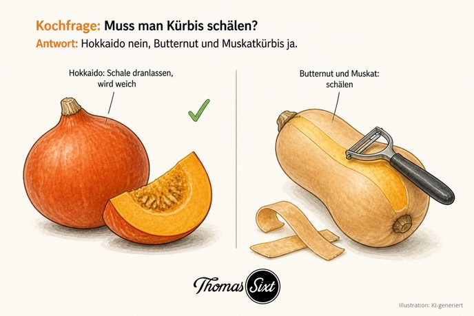 Grafik Muss man Kürbis schälen, ein Hokkaido-Kürbis mit essbarer Schale und ein Butternut-Kürbis der mit einem Sparschäler geschält wird